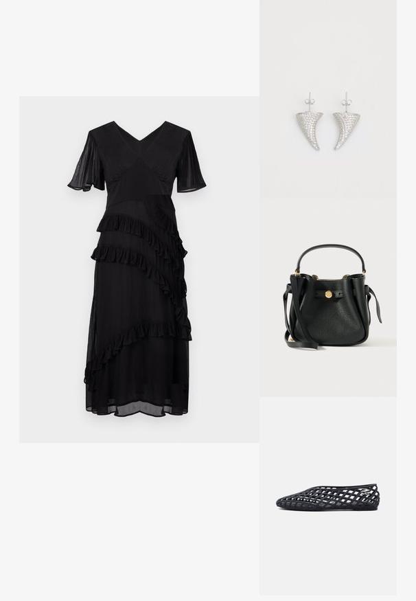 Vestido negro midi con escote en V, mangas cortas con volantes y detalles de volantes en capas diagonales en la parte delantera y la falda.; Zapato plano negro con diseño abierto estilo enrejado y pequeño logo decorativo plateado en el lateral, mostrado desde el lado exterior.; Bolso de cuero negro texturizado con un asa corta, una correa larga para el hombro y un cierre de logo redondo en tono dorado en la parte frontal.; Pendientes en forma de cuerno plateado, engastados con pequeñas piedras transparentes, que cuentan con un cierre trasero para su sujeción. Textura suave y acabado metálico.