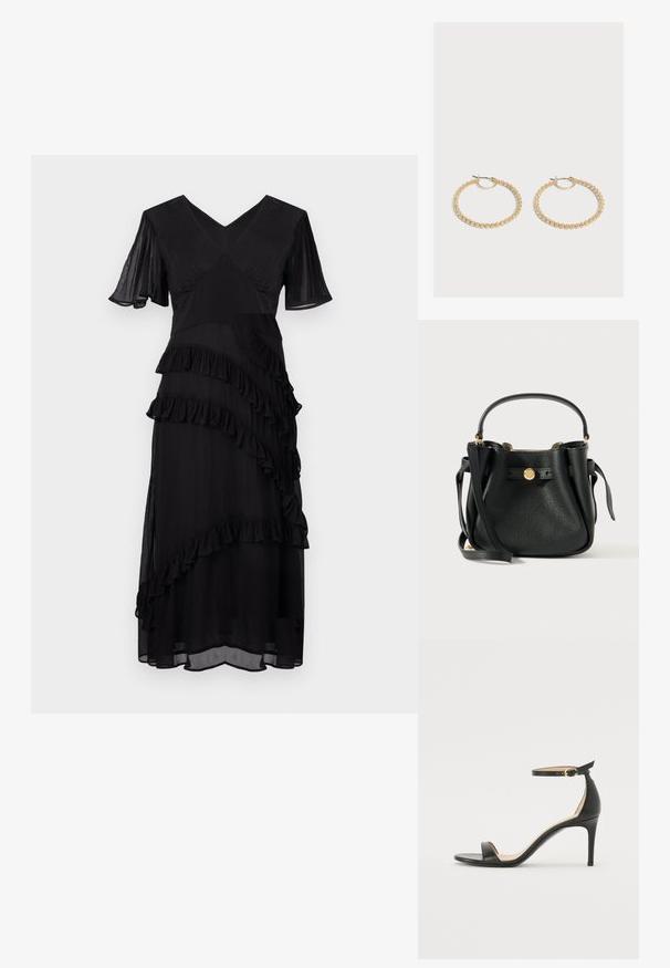 Schwarzes Midikleid mit V-Ausschnitt, kurzen schwingenden Ärmeln und diagonal geschichtetem Rüschendetail an Vorder- und Rockteil.; Schwarze Leder-high-heeled Sandale mit Knöchelriemen. Verfügt über eine glatte Textur, offene Zehen und einen dünnen Absatz. Goldfarbener Schnallenakzent.; Schwarze Taschen aus strukturiertem Leder mit einem kurzen Griff, einem langen Schulterriemen und einem goldfarbenen runden Logo-Verschluss auf der Vorderseite.; Paar mittelgroße goldene Creolen mit einem strukturierten, perlenbesetzten Design auf einfachem hellem Hintergrund.