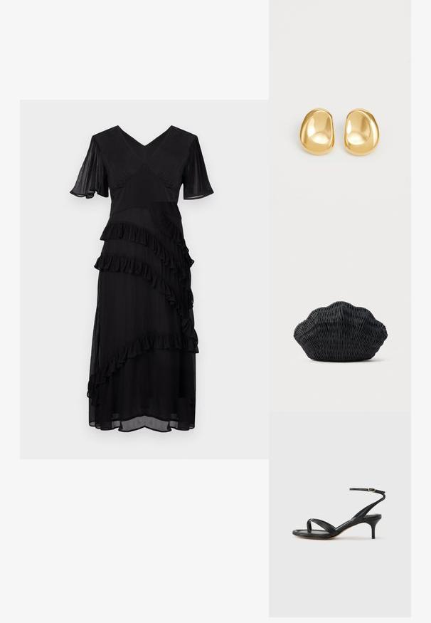 Schwarzes Midikleid mit V-Ausschnitt, kurzen schwingenden Ärmeln und diagonal geschichtetem Rüschendetail an Vorder- und Rockteil.; Schwarze Ledersandale für Damen mit dünnen Riemchen, einer Zehenlasche, einer Knöchelschnalle und einem mittelhohen Stöckelabsatz vor neutralem Hintergrund.; Schwarze Korbtasche in Muschelform mit gebogenem Oberteil und gewebter Textur auf einfarbigem Hintergrund.; Goldfarbene Ohrstecker mit einer glatten, runden Form und einer reflektierenden Oberfläche, die ein minimalistisches Design ohne sichtbare Muster zeigen.