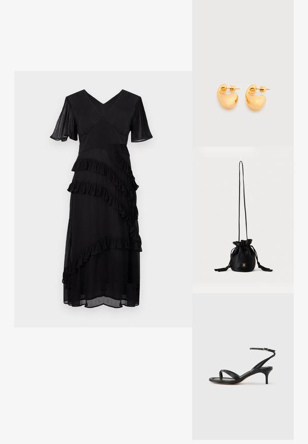 Robe midi noire avec décolleté en V, manches courtes volantées et détails de volants superposés en diagonale sur le devant et la jupe.; Sandale pour femme en cuir noir avec fines lanières, une boucle d'orteil, une boucle à la cheville et un talon aiguille de hauteur moyenne sur un fond neutre.; Sac seau noir à cordon avec une longue sangle fine et un petit logo carré doré sur le devant, présenté sur un fond uni.; Paire de petites boucles d'oreilles clous épaisses en métal doré avec des formes lisses, courbes et abstraites sur un fond clair.