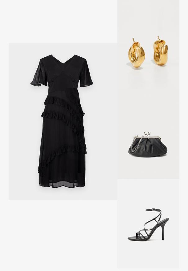 Vestido negro midi con escote en V, mangas cortas con volantes y detalles de volantes en capas diagonales en la parte delantera y la falda.; Sándalo negro de tacón alto con tiras finas, hebilla en el tobillo, superficie de cuero suave y tacón de aguja esbelto.; Clutch de cuero negro con textura arrugada, marco de metal en tono plateado, cierre de beso y cadena para colgar. Superficie suave y lisa.; Pendientes de aro grueso en oro con un diseño tubular ligeramente retorcido y cierre de presión, sobre un fondo blanco.
