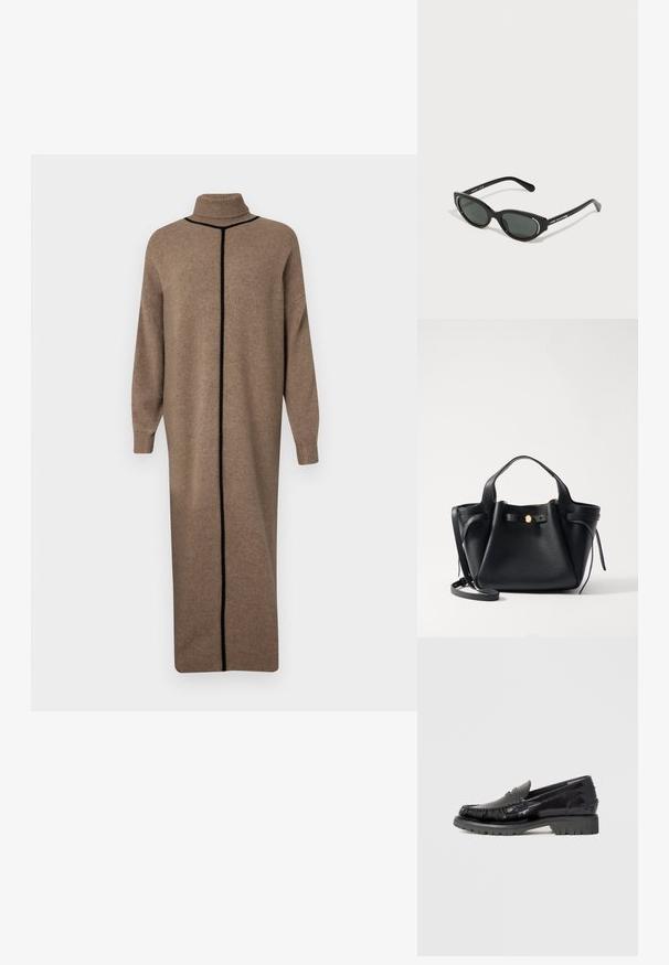 Robe en tricot marron avec un col montant et des manches longues. Présente une couture verticale noire contrastante sur le devant. Une coupe droite et décontractée.; Mocassin en cuir noir avec dessus de style mocassin, détails à franges texturées, et semelle épaisse en caoutchouc noir. Finition lisse, bout arrondi.; Lunettes de soleil cat-eye noires avec des verres teintés, ornées d'embellissements en métal argenté le long du bord supérieur. Monture en plastique lisse et brillante.; Sac à main en cuir noir avec une forme structurée, featuring un accent doré, deux poignées courtes et une bandoulière longue amovible. Surface texturée.