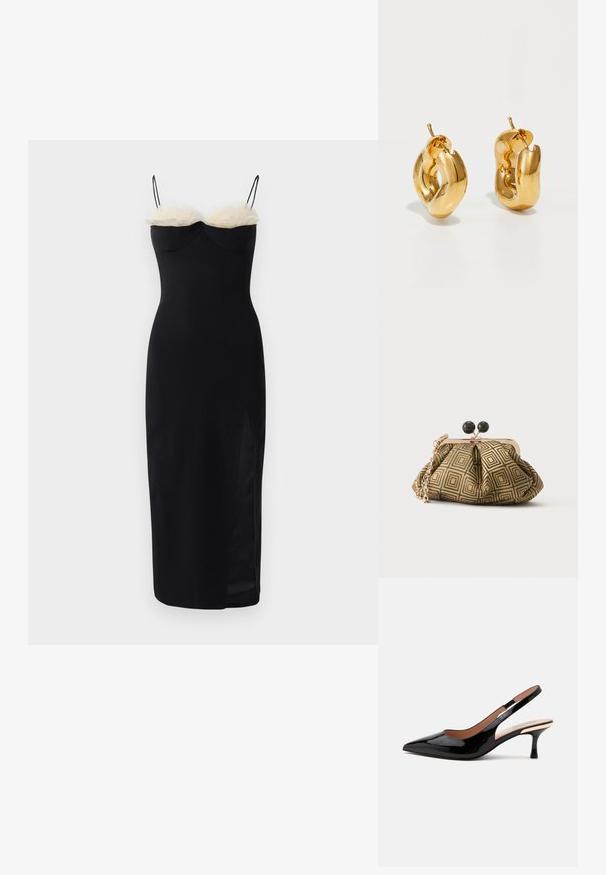 Sort bodycon kjole med spaghetti stropper, der har et lag af hvid faux pels ved halsudskæringen og en sideslids. Glat, strækbart stof.; Sort laklæder slingback pumpe med spids tå og lav kitten hæl på en ens hvid baggrund.; Lille clutch taske med gyldent og sort geometrisk mønster, guldfarvet metalramme, sort kuglelås og en kort guldkæde som rem.; Chunky guld hoop øreringe med et let snoet, rørformet design og postsystem bagpå, på en hvid baggrund.
