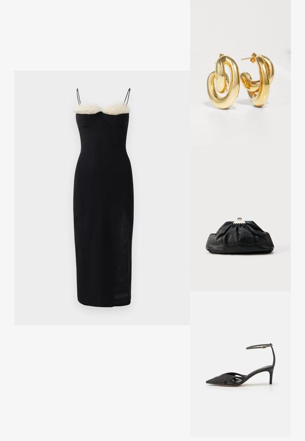 Sort bodycon kjole med spaghetti stropper, der har et lag af hvid faux pels ved halsudskæringen og en sideslids. Glat, strækbart stof.; Sort læder højhælet sko med spids tå, åbne sider og en tynd ankelrem med en lille guld detalje.; Sort læderclutch med en samlet tekstur, metal lukning og diskret præget logo på forsiden. Rundet form.; Charlotte Chesnais BO INITIAL BLOW - Øreringe - gold-coloured