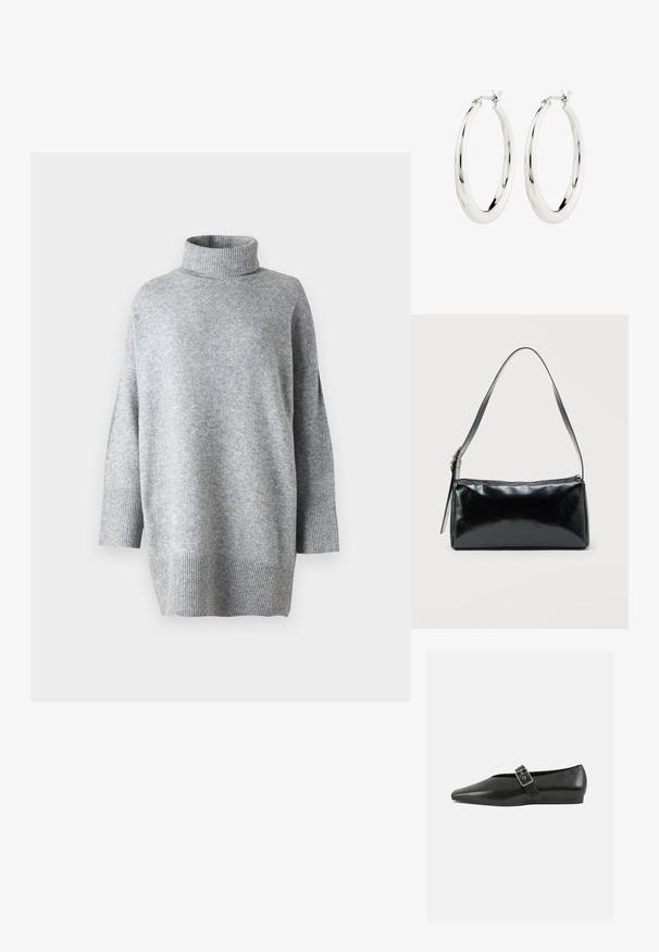 Grauer Rollkragenpullover aus strukturiertem Strickstoff, mit Dreiviertelärmeln und gerippten Bündchen, locker geschnitten und mit seitlichen Schlitzen.; Schwarze Lederflachschuhe mit spitzem Zehenbereich, ausgestattet mit einem metallischen Riemen über dem Spann und einer niedrigen, flexiblen Sohle.; Schwarze rechteckige Schultertasche mit einem verstellbaren Riemen und einem oberen Reißverschluss vor einfachem Hintergrund.; Silberne Creolen mit einer glatten, glänzenden Oberfläche. Kreisform, ausgestattet mit einem sicheren Verschluss. Einfaches und elegantes Design.