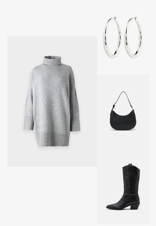 Grauer Rollkragenpullover aus strukturiertem Strickstoff, mit Dreiviertelärmeln und gerippten Bündchen, locker geschnitten und mit seitlichen Schlitzen.; Schwarze Leder-Cowboy-Stiefel mit spitzem Zeh, geprägten, wirbelnden Mustern und einem mittelhohen Absatz. Mit einem Zuglasche für einfaches An- und Ausziehen.; Schwarze Hobo-Tasche aus glattem Leder mit einer geschwungenen Silhouette, ausgestattet mit einem einzelnen verstellbaren Trageriemen und minimalistischem Design.; Silberne Creolen mit einer glatten, reflektierenden Oberfläche. Runde, große Form mit einem sicheren Verschluss an der Oberseite. Polierte Oberfläche betont den Glanz.