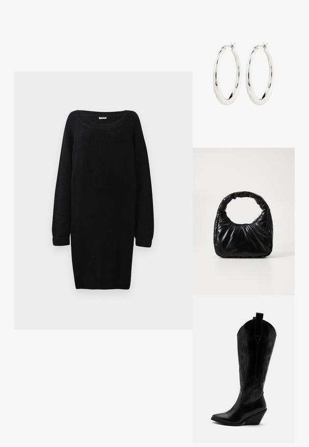 Zwarte gebreide sweaterjurk met een ruime halslijn, lange mouwen en geribde boorden. Heeft een losse pasvorm en een gestructureerde stof.; Zwarte leren cowboylaars met puntige neus, schuine blokhak, decoratieve stiksels en aantreklusjes bovenaan tegen een witte achtergrond.; Zwarte gevoerde handtas met een ronde handgreep, met een gladde, glanzende oppervlakte en een zachte, gewatteerde textuur. Geen zichtbare metalen onderdelen of accenten.; Zilveren oorbellen in de vorm van een gladde, glanzende ring. Circulaire vorm, voorzien van een veilige sluiting. Eenvoudig en elegant ontwerp.
