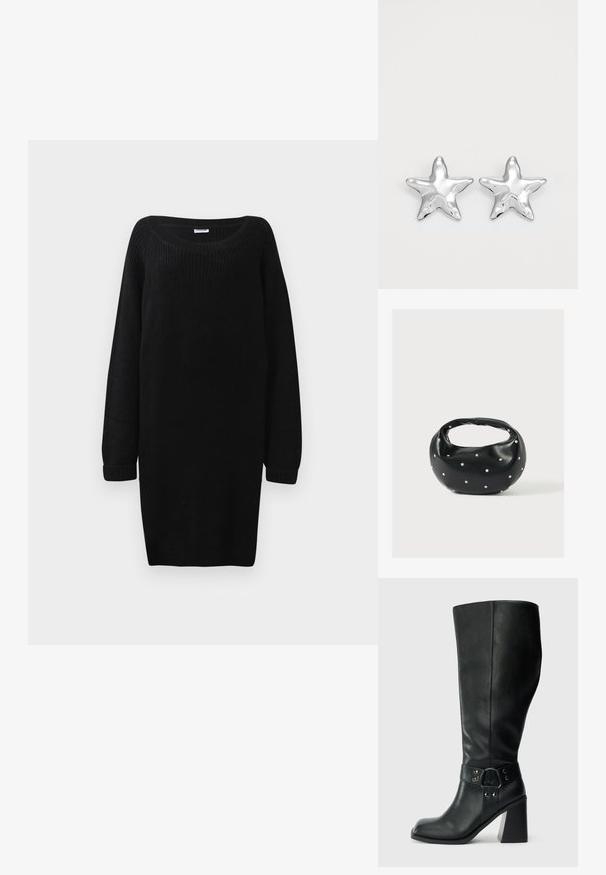 Zwarte gebreide sweaterjurk met een ruime halslijn, lange mouwen en geribde boorden. Heeft een losse pasvorm en een gestructureerde stof.; Kniehoge zwarte leren laarzen met een vierkante neus, brede hak en een decoratieve band met metalen accenten rond de enkel. Gladde textuur.; Zwarte leren handtas met een afgeronde vorm, versierd met zilveren studs, en een korte handgreep. Gladde textuur en ritsluiting.; Zilveren stervormige oorbellen met een gepolijste, glanzende afwerking. Elke oorbel heeft vijf punten en subtiele textuurdetails op het oppervlak.