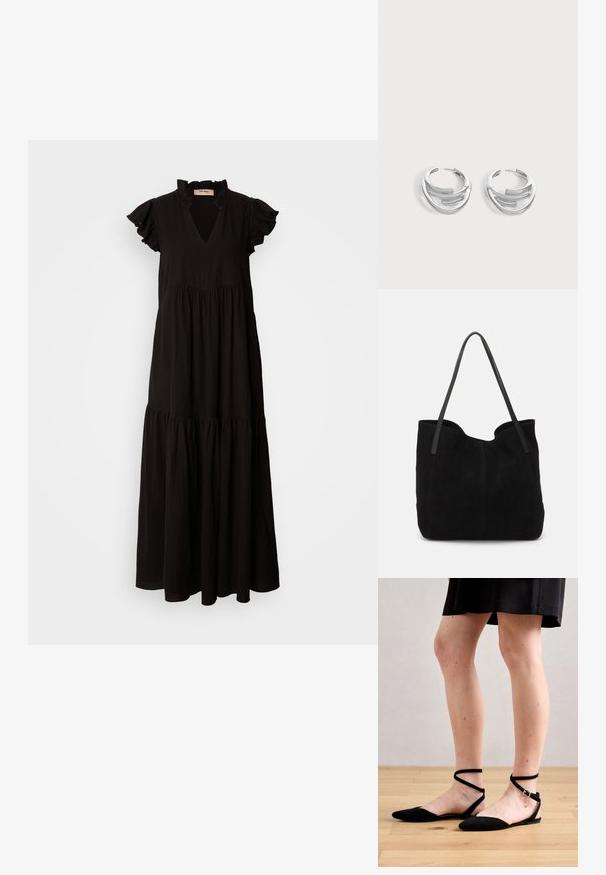 Schwarzes Maxikleid mit V-Ausschnitt, rüschierten kurzen Ärmeln, gestuftem Rock und gerafftem Oberteil. Hergestellt aus leichtem, strukturiertem Stoff.; Schwarze Wildleder-Flatsandalen mit spitzem Zehenbereich, ausgestattet mit Knöchelriemen, die sich überkreuzen, und einem Schnallenverschluss. Glatte Textur und minimalistisches Design.; Schwarze Wildleder-Umhängetasche mit zwei langen, flachen Ledergriffen. Sie verfügt über eine gewölbte obere Kante und sichtbare Nähte auf der Vorderseite. Keine Hardware-Details.; Paar polierte silberne Creolen mit geschichtetem, gebogenem Stabdesign auf einem einfarbigen hellen Hintergrund.