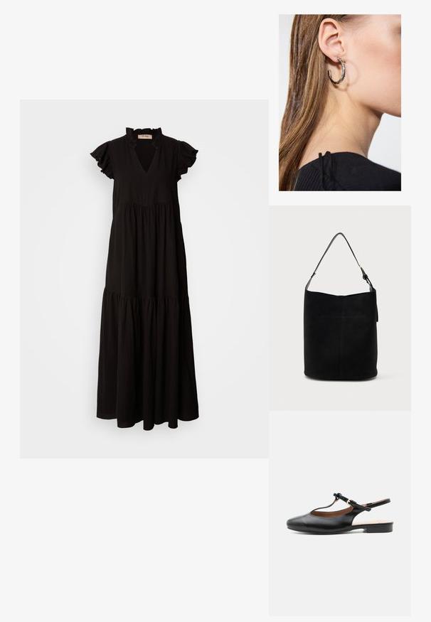 Vestido maxi negro con escote en V, mangas cortas con volantes, falda de capas y un cuerpo fruncido. Hecho de un tejido ligero y texturizado.; Zapato plano slingback de cuero negro con T-correa y hebilla dorada sobre fondo neutro.; Bolso de piel negra tipo cubo con una sola correa de hombro ajustable y un detalle de costura minimalista en el frente.; Pendiente de aro de plata con un acabado pulido, que presenta pequeños detalles en dorado y una forma redonda, llevado en el lóbulo.