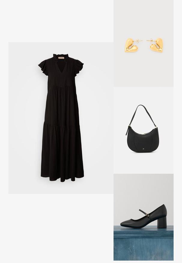 Vestido maxi negro con escote en V, mangas cortas con volantes, falda de capas y un cuerpo fruncido. Hecho de un tejido ligero y texturizado.; Zapato negro tipo Mary Jane con tacón cuadrado y tira de hebilla dorada, flotando sobre un suelo de hormigón liso en un ambiente interior minimalista.; Bolso de mano de cuero negro con forma curva, superficie texturizada, costuras frontales y un logo en tono dorado. Cuenta con una sola correa ajustable.; Pendientes de botón en forma de corazón con acabado en tono dorado, diseño suave y curvado, con cierres de mariposa sobre un fondo blanco.