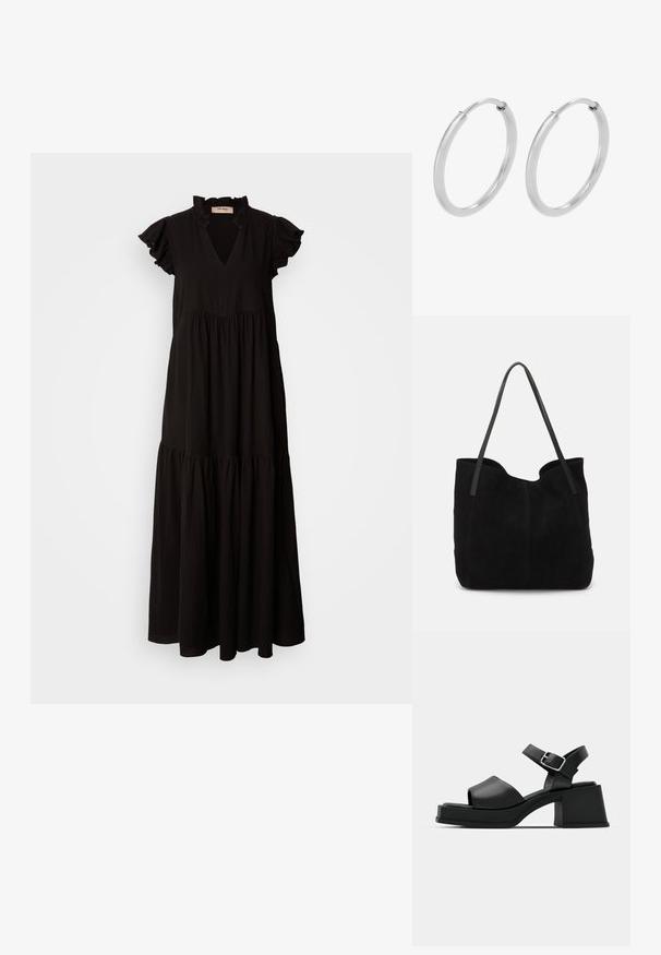 Schwarzes Maxikleid mit V-Ausschnitt, rüschierten kurzen Ärmeln, gestuftem Rock und gerafftem Oberteil. Hergestellt aus leichtem, strukturiertem Stoff.; Schwarze Leder-Plateausandalen mit einem Peeptoe-Design, Knöchelriemen und einem klobigen, quadratischen Absatz. Sanfte Textur und minimalistischer Stil.; Schwarze Wildleder-Umhängetasche mit zwei langen, flachen Ledergriffen. Sie verfügt über eine gewölbte obere Kante und sichtbare Nähte auf der Vorderseite. Keine Hardware-Details.; Silberne Creolen, kreisförmig, mit glatter, glänzender Oberfläche und gleichbleibender Breite. Minimalistisches Design ohne zusätzliche Akzente.