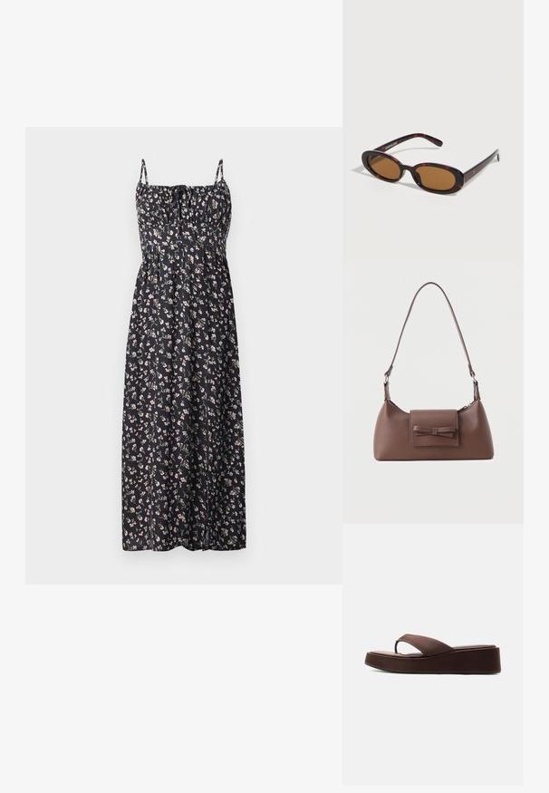 Blomstret maxi-kjole i sort stof med små lyserøde og hvide blomster, justerbare stropper, sammensynket bodice og svajende nederdel.; Brun platform flip-flop sandal med tyk sål og bred rem over tæerne på en ens hvid baggrund.; Ovalformede solbriller med skildpaddemønster, brune tonede linser og tynde stænger, der hviler på en hvid overflade.; Brun skuldertaske i læder med en frontlomme med klap, der har en sydd sløjfedetalje, og en justerbar rem.