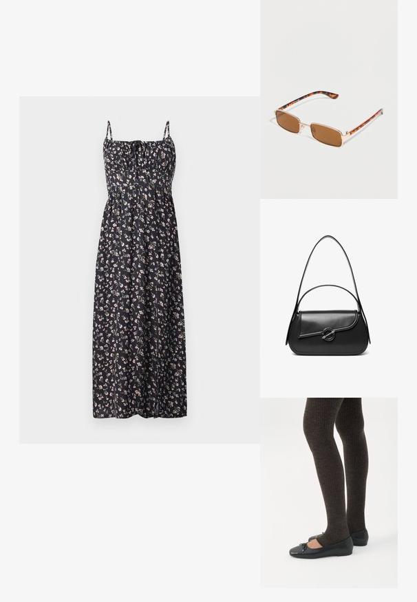 Blomstret maxi-kjole i sort stof med små lyserøde og hvide blomster, justerbare stropper, sammensynket bodice og svajende nederdel.; Ben iført mørke ribbede leggings kombineret med sorte balletsko med små sløjfedetaljer på hvid baggrund.; Rektangulære brune solbriller med linser, tyndt gyldent metalstel og skildpaddeskalsmønstrede stænger på hvid baggrund.; Sort skuldertaske i læder med en buet klap, der er fastgjort med en rund metal spænde, og en slank, justerbar rem.