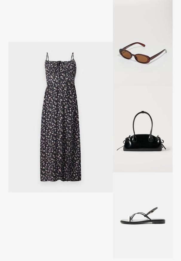 Blomstret maxi-kjole i sort stof med små lyserøde og hvide blomster, justerbare stropper, sammensynket bodice og svajende nederdel.; Sort flad sandal med tynde stropper, guldring ved tåen og justerbar ankelspænde, vist mod en ensfarvet hvid baggrund.; Runde, bruntonede solbriller med en glansfuld bordeauxramme. Slanke arme med diskret brandingdetalje. Flad linsedesign.; Lille sort blank håndtaske med to lange håndtag og snøre-detaljer i siden på en ensfarvet lys baggrund.