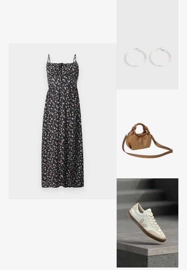 Blomstret maxi-kjole i sort stof med små lyserøde og hvide blomster, justerbare stropper, sammensynket bodice og svajende nederdel.; Hvid og beige sneaker med gummisål, svævende over grå betonoverflade med slørede trapper i baggrunden.; Brun pungtaske lavet af tekstureret syntetisk materiale med en samlet top, knyttede håndtag og en justerbar rem.; Par skinnende sølvøreringe med tynde trådlåse, vist på en lys grå baggrund.