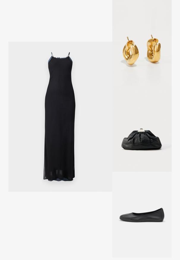Robe maxi noire avec des bretelles fines, silhouette ajustée et fentes sur les côtés. Tissu doux et fluide avec une texture lisse. Encolure accentuée.; Ballerines en cuir noir avec un bout rond, texture lisse, détails de couture minimalistes et design de semelle flexible.; Pochette en cuir noir avec une texture plissée, fermeture à fermoir métallique, et logo embossé discret sur le devant. Forme arrondie.; Boucles d'oreilles créoles en or massif avec un design tubulaire légèrement tordu et des fermoirs à tige sur un fond blanc.