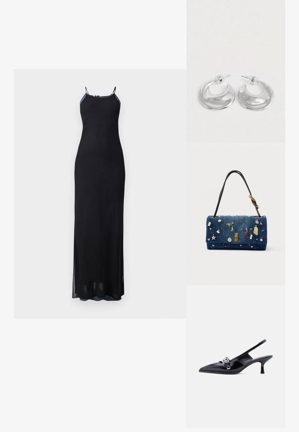 Robe maxi noire avec des bretelles fines, silhouette ajustée et fentes sur les côtés. Tissu doux et fluide avec une texture lisse. Encolure accentuée.; Chaussure à talon bas en cuir verni noir avec bride arrière, bout pointu et détail boucle argentée sur fond blanc uni.; Sac à main en denim avec rabat, bandoulière noire et ferrures dorées. Décoré de breloques variées et de strass de différentes couleurs.; Une paire de boucles d'oreilles en croissant argenté poli avec des supports en plastique transparent sur une surface blanche.