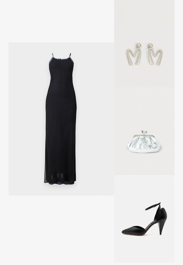 Zwarte maxi-jurk met dunne bandjes, getailleerd silhouet en zijsplitten. Zachte, vloeiende stof met een gladde textuur. Geaccentueerde halslijn.; Zwarte leren pump met spitse neus, enkelriem en kegelvormige hak op een witte achtergrond.; Kleine zilverkleurige metalen clutch met een afgerond, geplooid ontwerp en een sluiting met twee zilveren bollen.; Paar zilverkleurige metalen oorbellen in de vorm van een hoekige letter M met afgeronde stekers op een witte achtergrond.