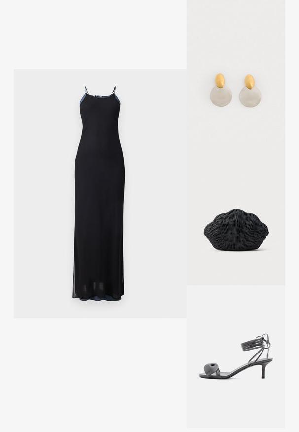 Zwarte maxi-jurk met dunne bandjes, getailleerd silhouet en zijsplitten. Zachte, vloeiende stof met een gladde textuur. Geaccentueerde halslijn.; Grijze leren sandaal met hak, voorzien van een geknoopte band bij de tenen en wikkellinten rond de enkel op een slanke sandaal met een middenhoge hak, tegen een witte achtergrond.; Zwarte gevlochten handtas in de vorm van een sint-jakobsschelp met een gebogen bovenkant en een geweven textuur op een effen achtergrond.; Gouden en zilveren metalen oorbellen met een ronde schijfbasis en een ovale bovenstuk, gladde textuur en gepolijste afwerking.