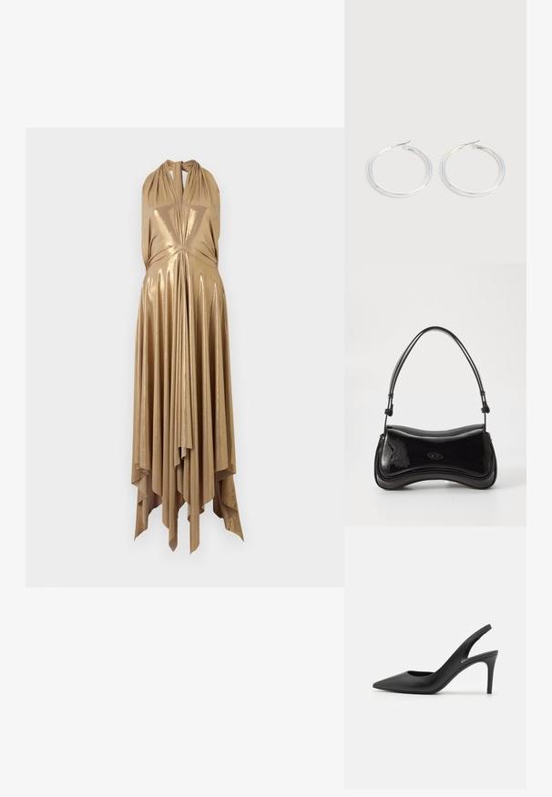 Vestido halter metálico en oro con escote en V profundo, cuerpo drapeado y dobladillo asimétrico acampanado que presenta pliegues verticales para mayor textura.; Zapatos de tacón alto de cuero negro con diseño de punta afilada, que presentan un corte en la parte delantera y un delgado tacón de aguja.; Bolso de mano de charol negro con forma curvada, un solo asa y fondo redondeado. Presenta un sutil detalle de logo en la parte frontal.; Pareja de pendientes de aro plateados brillantes con cierres de alambre delgado, mostrados sobre un fondo gris claro.