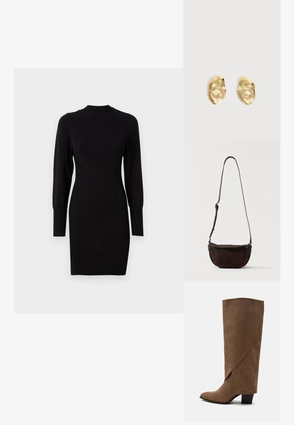 Schwarzes geripptes Strickkleid mit rundem Ausschnitt, langen Ärmeln und figurbetonter Form, das subtile vertikale Linien und schmal zulaufende Manschetten aufweist.; Brauner kniehoher Veloursleder-Stiefel mit gefaltetem Detail und mittelhohem Blockabsatz, seitlich auf weißem Hintergrund gezeigt.; Dunkelbraune Wildleder-Umhängetasche mit verstellbarem Riemen und vorderer Reißverschlusstasche, vor einem schlichten hellen Hintergrund stehend.; Paar glänzende, unregelmäßig geformte Ohrstecker aus Goldmetall mit zerknitterter, glatter Oberfläche auf schlichtem hellem Hintergrund.