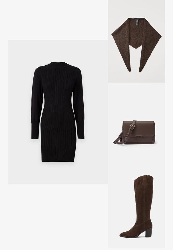 Must mustriba kootud kleit ümmarguse kaelusega, pikkade varrukatega ja kehakujuline, millel on peened vertikaalsed jooned ja kitsenevad varrukaotstes.; Anna Field by Zalando LEATHER - Kõrge kontsaga saapad - brown; Pruun kootud kolmnurkne sall, millel on pikad teravad otsad ja nähtav must brändisilt ülaosas keskel.; Pruun faux nahast ülekande kott, millel on klapp sulgemine, kuldse tooni riistvara ja küljetasku detailid. Reguleeritav rihm mitmekesiste kandmisvõimaluste jaoks.