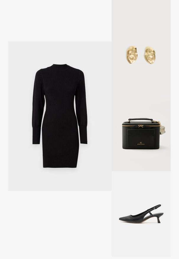 Schwarzes geripptes Strickkleid mit rundem Ausschnitt, langen Ärmeln und figurbetonter Form, das subtile vertikale Linien und schmal zulaufende Manschetten aufweist.; Schwarzer Leder-Slingback-Schuh mit spitzem Zehenbereich, niedrigem Blockabsatz, ausgeschnittenem Seitendetail und verstellbarem Knöchelriemen. Glatte Textur über das gesamte Design.; Schwarze rechteckige strukturierte Handtasche mit goldenem Reißverschluss, Vordertasche, oberem Griff und weißem Blumen-Schlüsselanhänger.; Paar glänzende, unregelmäßig geformte Ohrstecker aus Goldmetall mit zerknitterter, glatter Oberfläche auf schlichtem hellem Hintergrund.