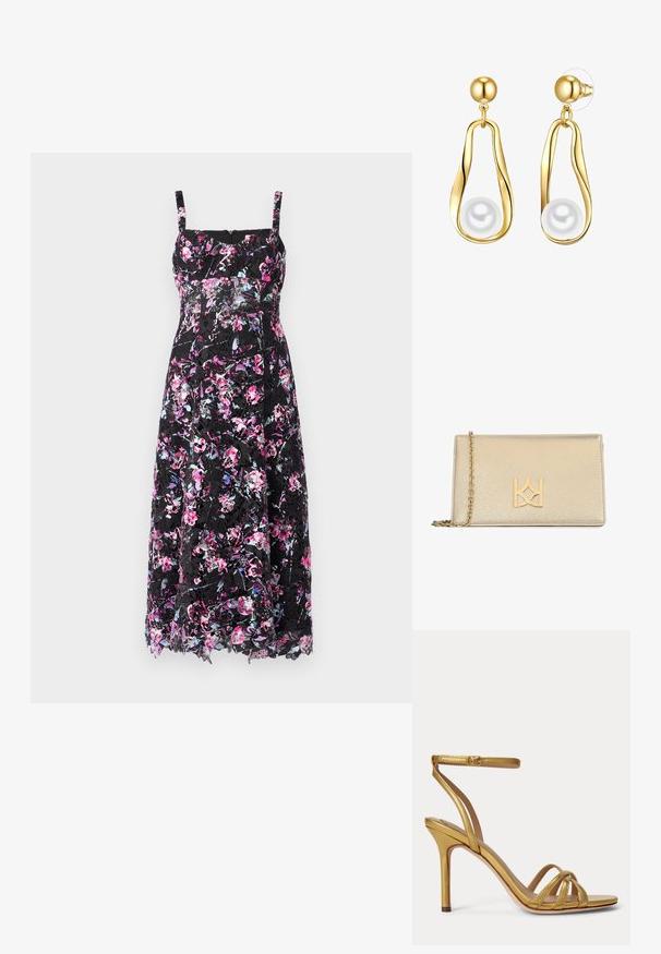 Zwart bloemenjurk met spaghettibandjes, voorzien van een levendig patroon van roze en paarse bloemen, met een doorschijnende kanten overlay en een middenlange stijl.; Gouden sandaal met hoge hak, dunne enkelriem en drie voorste bandjes over de tenen op een effen achtergrond.; Gouden textured leren clutch met een gouden schouderband, met een prominent gouden logo ontwerp aan de voorkant. Rechteckige vorm.; Gouden drop oorbellen met een langwerpig peervormig ontwerp, waarbij een gladde witte parel onderaan hangt. Inclusief een bolvormige stud aan de bovenkant.