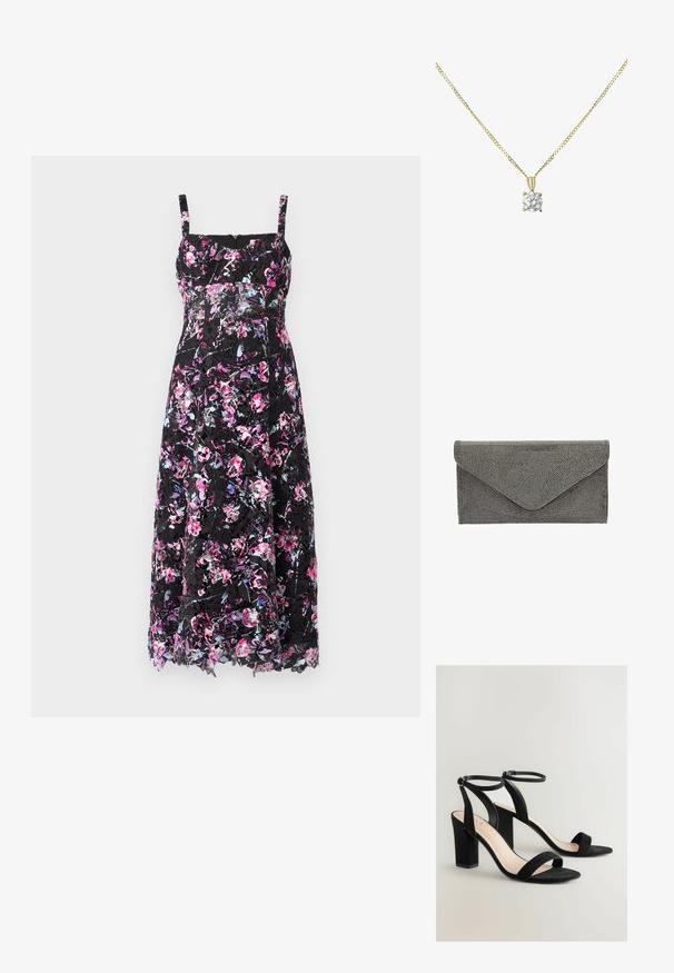 Zwart bloemenjurk met spaghettibandjes, voorzien van een levendig patroon van roze en paarse bloemen, met een doorschijnende kanten overlay en een middenlange stijl.; Zwarte suède hoge hakken sandalen met een vierkante neus, enkelbandjes en stevige blokhaken. Heeft een gladde textuur en een minimalistisch design.; Zwarte stoffen clutch met een getextureerd studpatroon en envelopsluiting, met een strakke rechthoekige vorm en zonder zichtbare hardware.; Gouden ketting met een ronde diamanten hanger met zes klauwen, eenvoudig ontwerp, gladde textuur en een gepolijste afwerking.