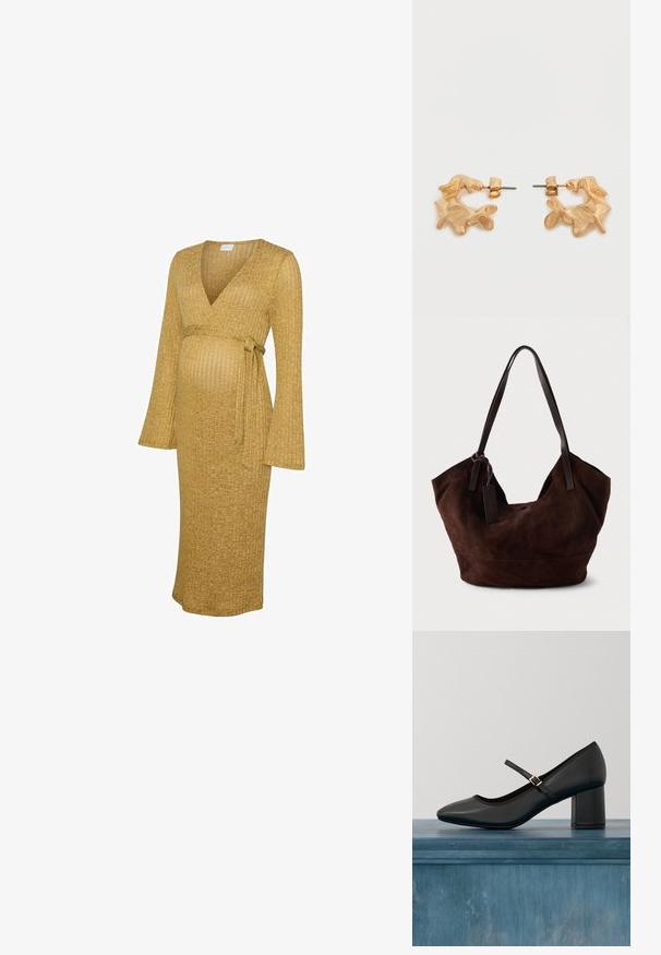 Robe de maternité en tissu côtelé jaune moutarde, avec un col en V, de longues manches évasées et un design à taille nouée. Longueur mi-mollet.; Chaussure Mary Jane noire avec talon carré et sangle à boucle dorée, flottant au-dessus d'un sol en béton lisse dans un cadre intérieur minimaliste.; Handbag en cuir suédé marron avec une forme douce et souple. Doté de poignées en cuir et d'une étiquette décorative. Texture plain avec des coutures courbes.; Boucles d'oreilles dorées avec une forme abstraite et organique, présentant une surface texturée et une fermeture à poussette.