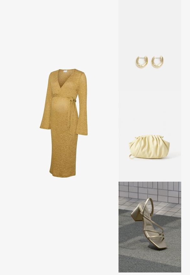 Robe de maternité en tissu côtelé jaune moutarde, avec un col en V, de longues manches évasées et un design à taille nouée. Longueur mi-mollet.; Sandale dorée à lanières avec un bout carré, une bride de cheville ajustable et un talon bloc, présentant une finition métallique lisse.; Sac à main plissé jaune en simili cuir lisse, arborant une forme douce avec une bandoulière unique et un design froncé sur le dessus.; Boucles d'oreilles en or avec une finition lisse et polie. Doté d'une forme en demi-cercle et d'une fermeture à tige sécurisée.
