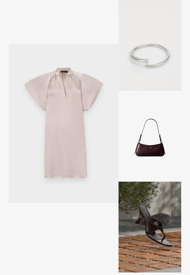 Kurzärmliges, hellrosa Kleid mit lockerer Passform, das über einen gespaltenen Ausschnitt und einen gewellten Saum entlang der Ärmel verfügt. Glatte Textur.; Braune Calvin Klein Sandalette mit Absatz und Zehensteg, schwebend über einem Boden aus Holzfliesen und Kies im Freien, mit verschwommenem Grün und Stein im Hintergrund.; Dunkelburgunderfarbene Lederhandtasche mit schmalem schwarzem Schulterriemen und kleinem goldenem "cK" Logo vorne in der Mitte.; Calvin Klein SPIRAL - Armband - silver-coloured