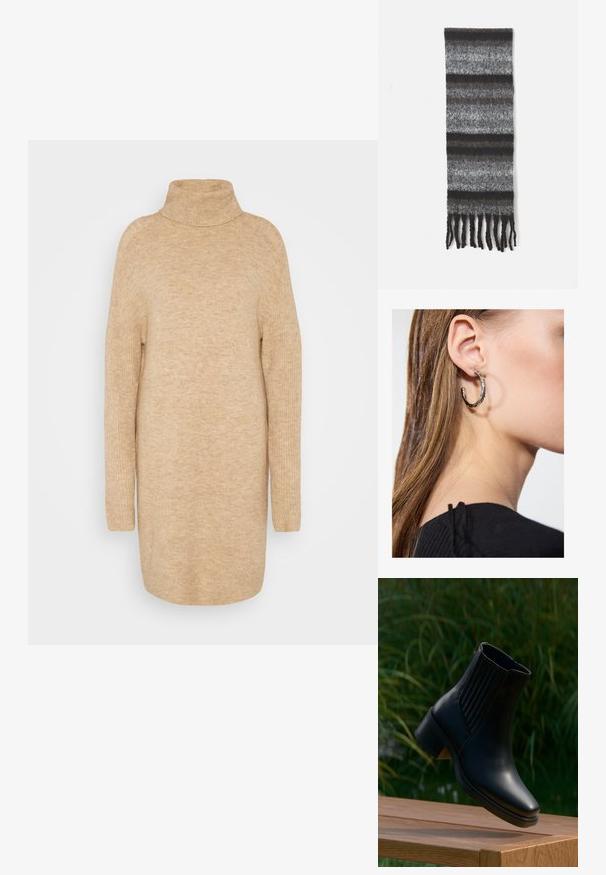 Beige turtleneck neule, pehmeä neulepinta, rento istuvuus, pitkät hihat ja hieman ylisuurennettu muoto.; Musta nahkainen nilkkurit, joissa joustavat sivupaneelit ja matala lohkokorko, ilmassa puisella pinnalla vihreän kasvillisuuden taustalla.; Harmaa raidallinen huivi, jossa on vaihtelevaa harmaan sävyä, pehmeä tekstuuri ja fringe-reunat rentoa ilmettä varten.; Hopea renkaankorvakoru kiiltävällä pinnalla, jossa on pieniä kultaisia yksityiskohtia ja pyöreä muoto, käytetty korvalla.