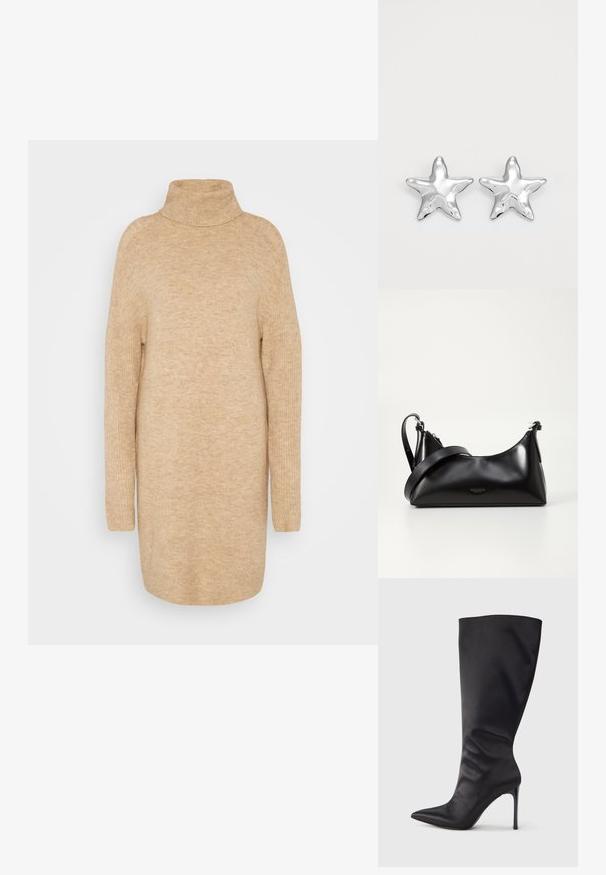 Pull à col roulé beige, texture tricot douce, coupe décontractée, manches longues et design légèrement oversized.; Botte noire haute jusqu'aux genoux en cuir verni lisse et élégant ; bout pointu ; ajustée avec un léger froncé près de la cheville ; talon brillant.; Sac à main en cuir noir avec une texture lisse. Dispose d'une bandoulière adjustable et d'un design élégant et minimaliste avec une fermeture éclair.; Boucles d'oreilles argentées en forme d'étoile, avec une surface lisse et brillante. Chaque boucle d'oreille possède cinq pointes et des détails subtils de texture de surface.