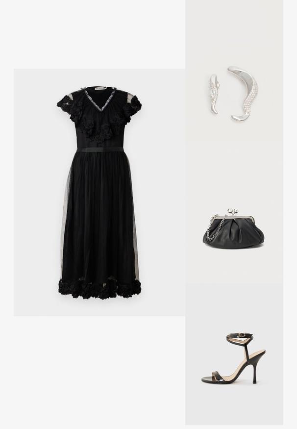 Vestido negro con adornos florales en el escote y el dobladillo, capas transparentes y una cintura ajustada acentuada por una cinta.; Sandalia de tacón alto de charol negro con tira delgada en el tobillo y hebilla, punta abierta y tacón aguja esbelto sobre fondo blanco.; Clutch de cuero negro con textura arrugada, marco de metal en tono plateado, cierre de beso y cadena para colgar. Superficie suave y lisa.; Dos pendientes de plata curvados, uno más grande que el otro, ambos adornados con pequeños cristales brillantes a lo largo de un borde.
