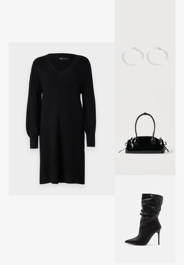 Robe tricotée noire avec un décolleté en V, de longues manches ballons et des poignets côtelés. Le design est droit, avec un tissu texturé.; Even&Odd Wide Fit by Zalando Bottines à talons hauts - black; Petit sac à main noir brillant avec deux longues anses et des détails à cordon sur les côtés sur un fond clair uni.; Paire de boucles d'oreilles créoles argentées brillantes avec fermoirs en fil fin, présentée sur un fond gris clair.