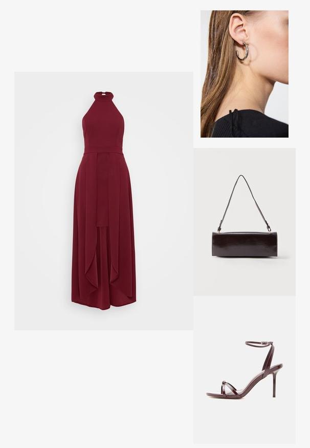 WAL G PETITE YANNY HALTER NECK - Trikotaažkleit - cherry wine; Veenpunast lakknahast kõrge kontsaga sandaal õhukese pahkluu rihma ja risti oleva varba rihmadega valgel taustal.; Ristkülikukujuline must nahast käekott ühe pika rihmaga ja läikiva viimistlusega, asetatud valgele taustale.; Hõbedane rõngas kõrvarõngas poleeritud viimistlusega, millel on väikesed kuldsed aktsendid ja ümmargune kuju, kantud lobus.