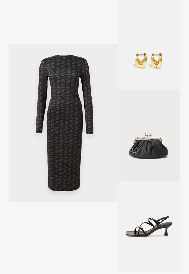 Vestido negro de manga larga con un patrón geométrico marrón repetido, fabricado con un material elástico y con una silueta ajustada.; Sandalias de charol negro con tiras, punta cuadrada y un bajo tacón en bloque. Presenta herrajes en tono dorado y correas en el tobillo ajustables.; Clutch de cuero negro con textura arrugada, marco de metal en tono plateado, cierre de beso y cadena para colgar. Superficie suave y lisa.; Pendientes de aro de oro con un diseño elegante y redondeado. Presentan un centro hueco y una superficie brillante, complementando estilos modernos.