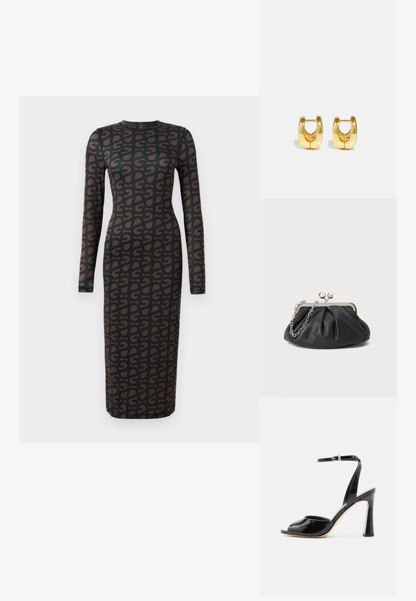 Vestido negro de manga larga con un patrón geométrico marrón repetido, fabricado con un material elástico y con una silueta ajustada.; Sandalia de tacón alto de charol negro con puntera abierta y fina correa de tobillo con hebilla sobre fondo blanco.; Clutch de cuero negro con textura arrugada, marco de metal en tono plateado, cierre de beso y cadena para colgar. Superficie suave y lisa.; Pendientes de aro de oro con un diseño elegante y redondeado. Presentan un centro hueco y una superficie brillante, complementando estilos modernos.