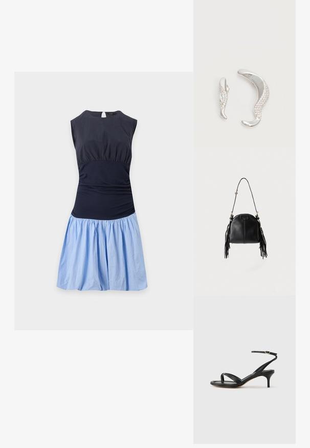 Robe sans manches avec un haut bleu marine foncé ajusté et une jupe bleue claire froncée, dotée d'un col rond et d'une fermeture en forme de trou de serrure dans le dos.; Sandale pour femme en cuir noir avec fines lanières, une boucle d'orteil, une boucle à la cheville et un talon aiguille de hauteur moyenne sur un fond neutre.; Sac à main en cuir noir avec une forme courbée, une longue bandoulière réglable et des franges de chaque côté sur un fond clair.; Deux boucles d'oreilles argentées courbées, l'une plus grande que l'autre, toutes deux ornées de petits cristaux scintillants le long d'un bord.