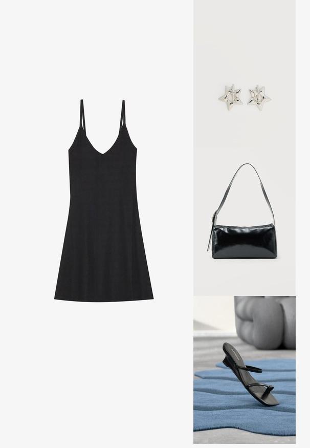 Zwarte geribbelde slipdress met een V-hals en dunne verstelbare bandjes. Heeft een relaxed fit, valt boven de knieën en heeft een minimalistisch ontwerp.; Zwarte sandalen met bandjes en teenlus, gepresenteerd op een blauw gestructureerd tapijt, met een groot grijs decoratief object wazig op de achtergrond.; Zwarte rechthoekige schoudertas met een enkele verstelbare band en een bovenste ritssluiting op een effen achtergrond.; Zilverkleurige stervormige oorringen met een gladde, gepolijste afwerking op een effen witte achtergrond.