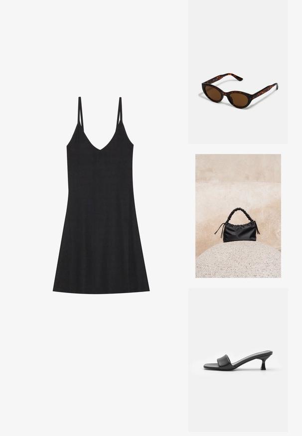 Vestido deslizante negro de canalé con escote en V y tirantes finos ajustables. Presenta un corte relajado, que cae por encima de las rodillas, con un diseño minimalista.; Mules negros con tacón, de parte superior de cuero mate y suave, puntera abierta, banda ancha en el empeine y tacón cuadrado y delgado.; Gafas de sol de carey marrón con una forma vintage de ojo de gato y lentes marrones. Presentan brazos curvados con acentos rojos.; Bolso negro fruncido con asa recogida, apoyado sobre una esfera de piedra texturizada frente a una pared de hormigón beige.