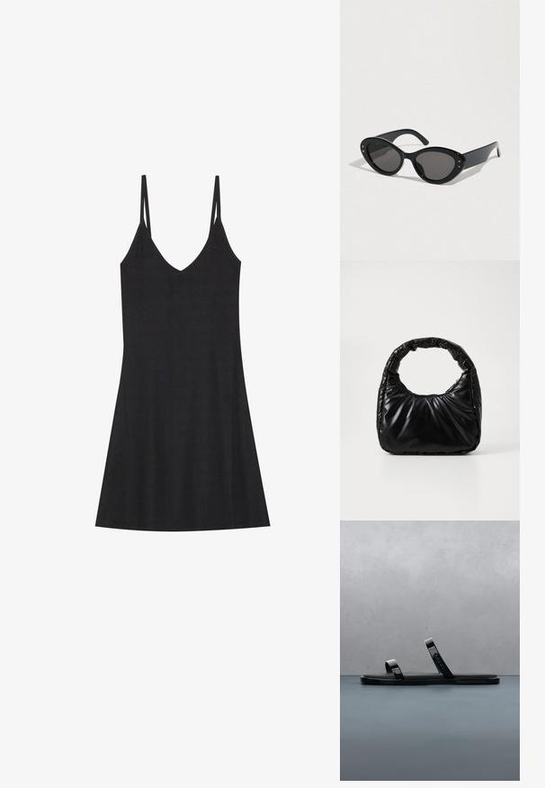 Zwarte geribbelde slipdress met een V-hals en dunne verstelbare bandjes. Heeft een relaxed fit, valt boven de knieën en heeft een minimalistisch ontwerp.; Zwarte slidessandaal met twee glanzende bandjes op een textuurrijke houten en kiezelstenen ondergrond buiten, nabij groenvoorziening en een betonnen muur.; Zwarte zonnebril met een oversized kattenoogvorm. Gladde plastic monturen met donkere lenzen en kleine steraccenten aan de zijkanten.; Zwarte gevoerde handtas met een ronde handgreep, met een gladde, glanzende oppervlakte en een zachte, gewatteerde textuur. Geen zichtbare metalen onderdelen of accenten.