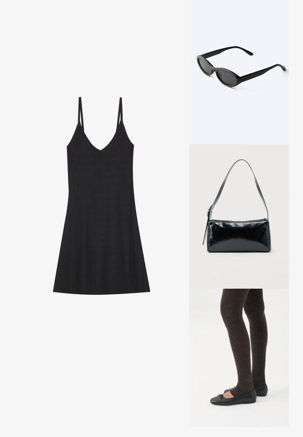 Zwarte geribbelde slipdress met een V-hals en dunne verstelbare bandjes. Heeft een relaxed fit, valt boven de knieën en heeft een minimalistisch ontwerp.; Benen met donkere geribbelde leggings gecombineerd met zwarte ballerina's met kleine strikdetails op een witte achtergrond.; Strakke zwarte ovale zonnebril met donkere glazen en rechte pootjes, rustend op een wit oppervlak.; Zwarte rechthoekige schoudertas met een enkele verstelbare band en een bovenste ritssluiting op een effen achtergrond.