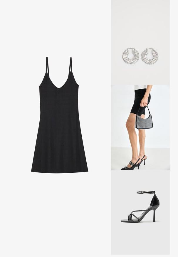Sort ribbet slipkjole med V-hals og tynde justerbare stropper. Har en afslappet pasform, der falder over knæene, med minimalistisk design.; Sorte laklæder højhælede sandal med ankelrem, der har krydskrydsede stropper og en slank spids tå.; Sort perlehandtaske med en buet silhuet, bærehåndtag og blank overflade. Båret med højhælede sorte sko og tætsiddende sorte shorts.; Sølvøreringe med flere klare krystaludsmykninger, med en struktureret overflade og et åbent rundt design.