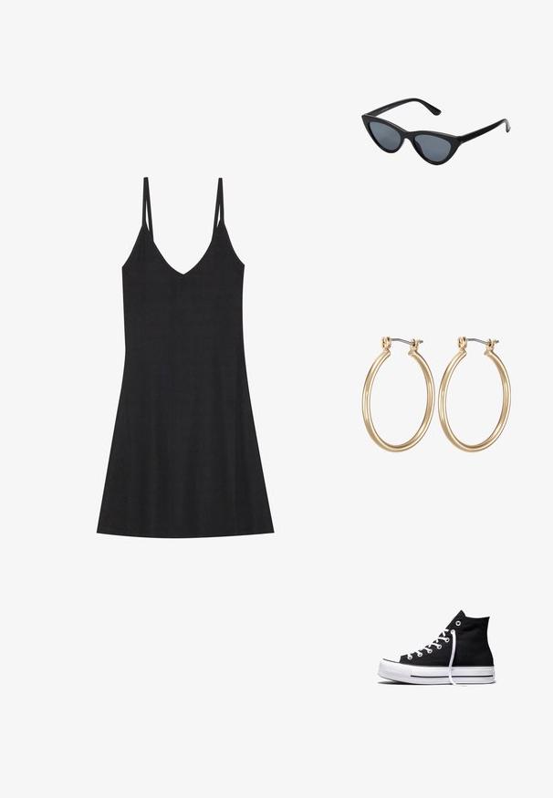 Vestido deslizante negro de canalé con escote en V y tirantes finos ajustables. Presenta un corte relajado, que cae por encima de las rodillas, con un diseño minimalista.; Zapatilla alta de lona negra con suela de goma blanca y cordones blancos, vista de lado sobre un fondo blanco.; Gafas de sol negras en forma de ojo de gato con lentes gris oscuro, marco de plástico elegante, esquinas puntiagudas y patillas rectas. Sin herrajes ni acentos visibles.; Pendientes de aro de metal en tono dorado con un diseño circular y suave, y un cierre de bisagra seguro. Ligeros y con un acabado pulido.