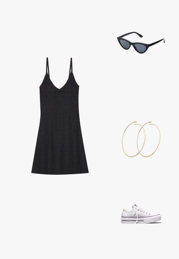 Vestido deslizante negro de canalé con escote en V y tirantes finos ajustables. Presenta un corte relajado, que cae por encima de las rodillas, con un diseño minimalista.; Zapatilla blanca de lona de corte bajo con cordones blancos, suela de goma, detalles de rayas negras y parche de logo en la lengüeta y el talón.; Gafas de sol negras en forma de ojo de gato con lentes gris oscuro, marco de plástico elegante, esquinas puntiagudas y patillas rectas. Sin herrajes ni acentos visibles.; Pilgrim Pendientes - gold-coloured