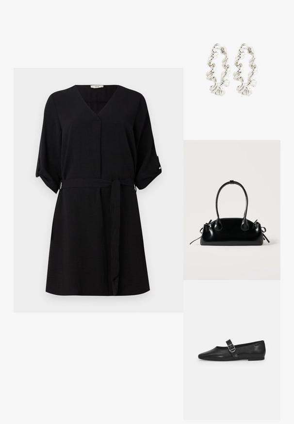 Robe noire avec un décolleté en V et des manches courtes. Présente une taille nouée, une coupe au genou et un tissu doux et texturé. Pas de motifs ni d'accents.; Chaussure plate en cuir noir avec un bout arrondi, une seule sangle réglable à boucle et une texture lisse et brillante. Design minimaliste avec un petit talon.; Petit sac à main noir brillant avec deux longues anses et des détails à cordon sur les côtés sur un fond clair uni.; Boucles d'oreilles créoles torsadées en argent, avec une finition lisse et réfléchissante et un fermoir sécurisé. Le design met en valeur un motif en spirale pour plus de détails.