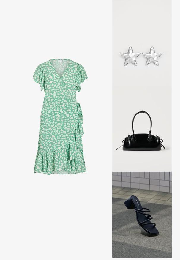 Vestido verde con un diseño de envoltura, mangas cortas con volantes y manchas abstractas blancas. Presenta un dobladillo acampanado y un lazo lateral para ajustar el ajuste.; Sandalia negra con punta cuadrada, tres tiras finas y tacón grueso sobre pavimento cerca de pared de azulejos.; Pequeño bolso negro brillante con dos asas largas y detalles de cordón lateral sobre un fondo claro liso.; Pendientes en forma de estrella plateada con una superficie pulida y brillante. Cada pendiente presenta cinco puntas y sutiles detalles de textura en la superficie.